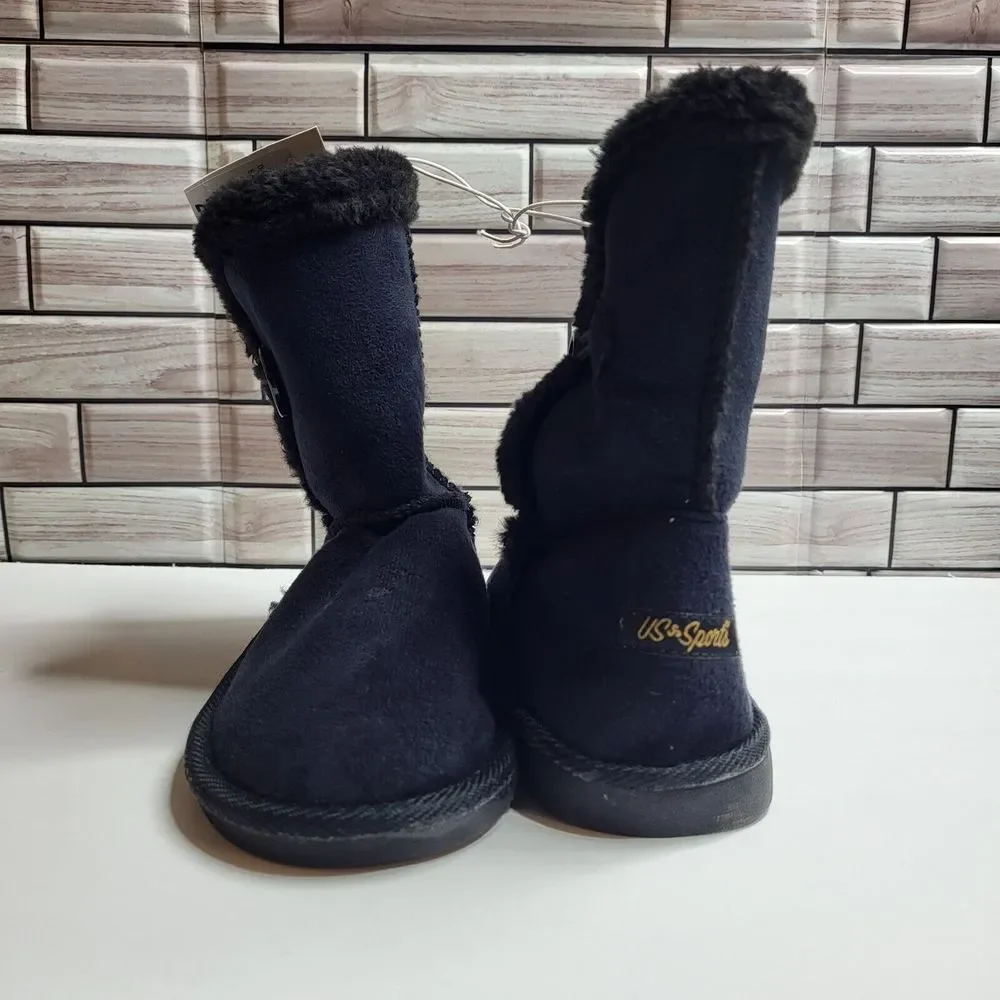 New US Sport Girls Black Boots‎ Size 2 Moccasin Style Fur Button Comfy Warm Shoe